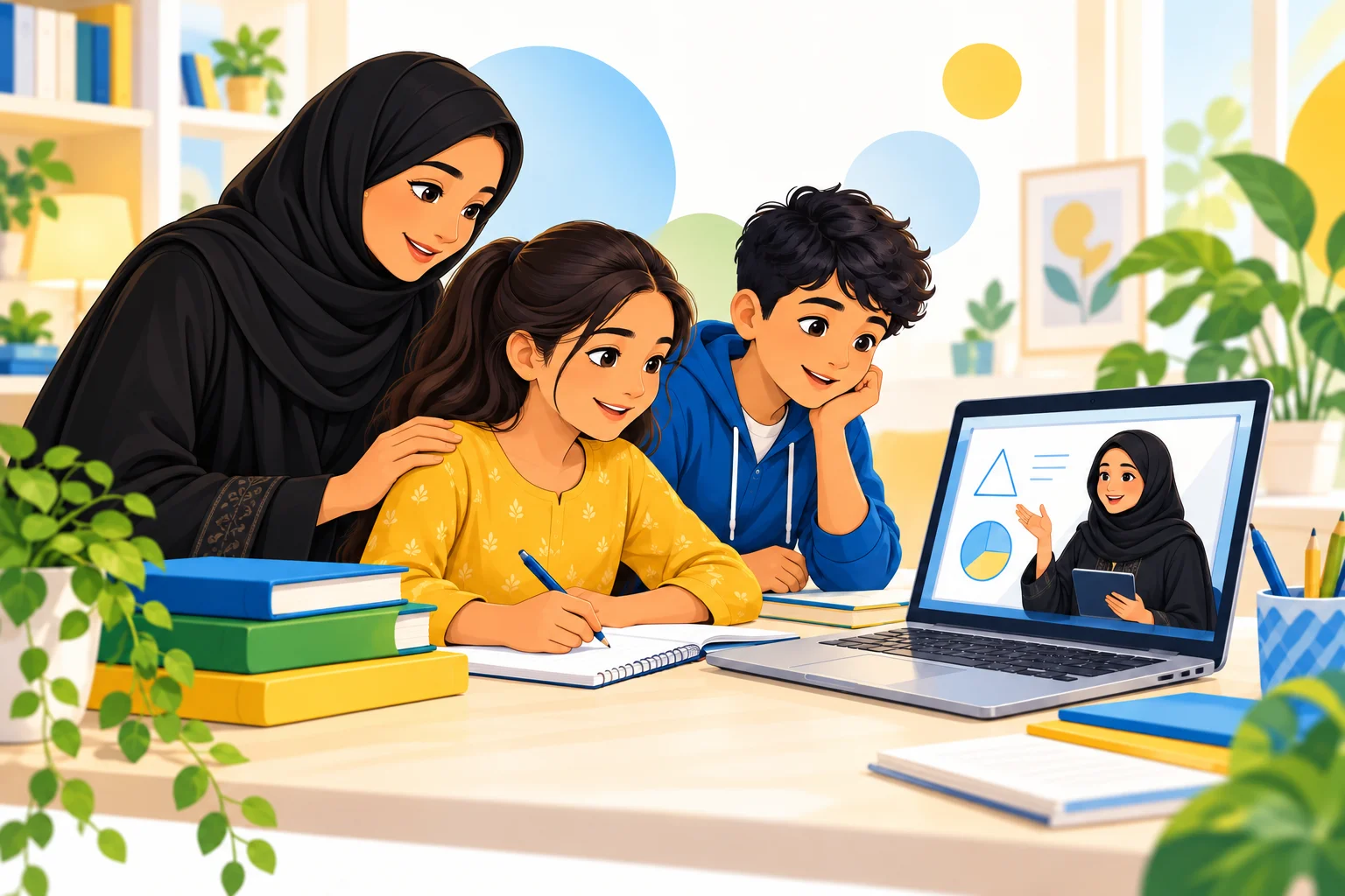 Illustration of a mother in a hijab and two children learning online at home